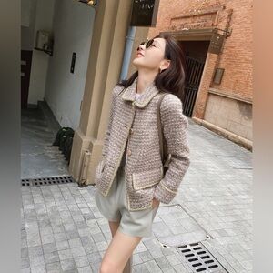 Elegant Tweed Jacket | Wool & Mohair Blend | Gold Trim | Classic Parisian Style